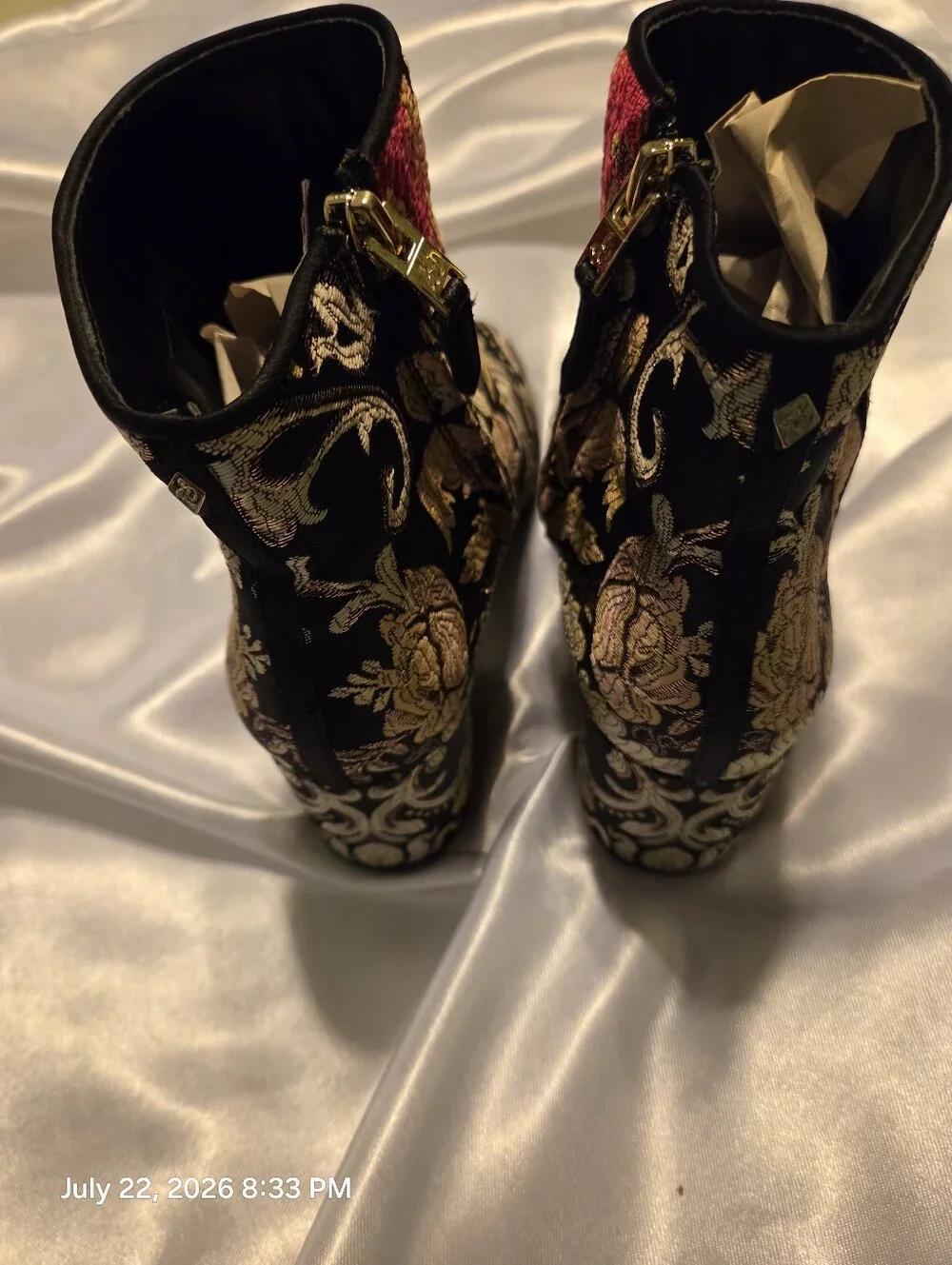 Sam Edelman Black Brocade Floral Ankle Boots with Gold and Pink Embroidery